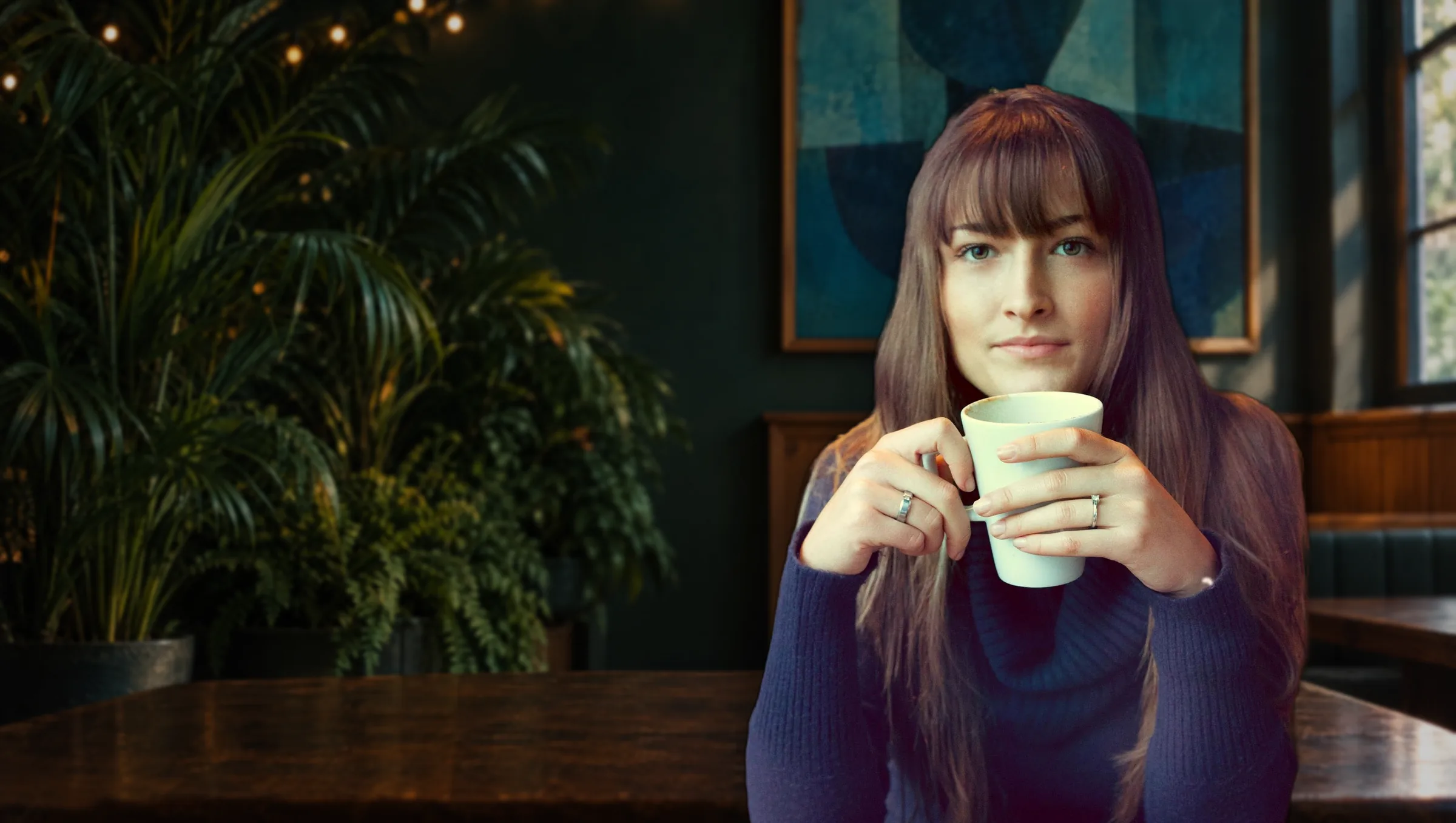 Anika Fuchs, founder of Fort Fox, holding a cup of coffee at a café table