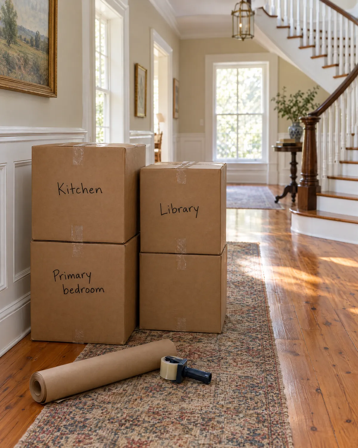 Moving boxes labelled by room, stacked neatly in the entry hall of a traditional home