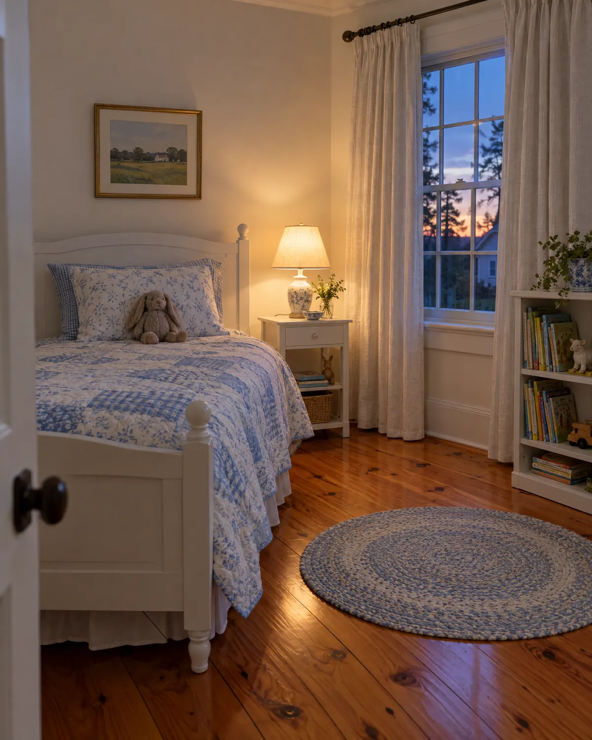 A child's bedroom set up at dusk, the bed made with a blue quilt and a stuffed rabbit on the pillow