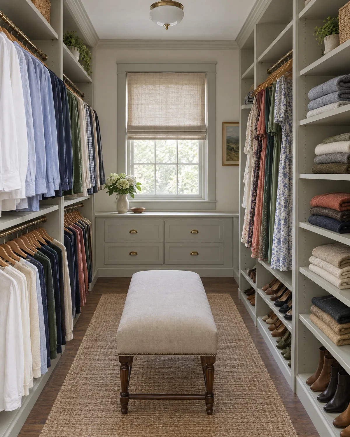 A walk-in closet fully unpacked, clothes hung by colour and sweaters folded on the shelves