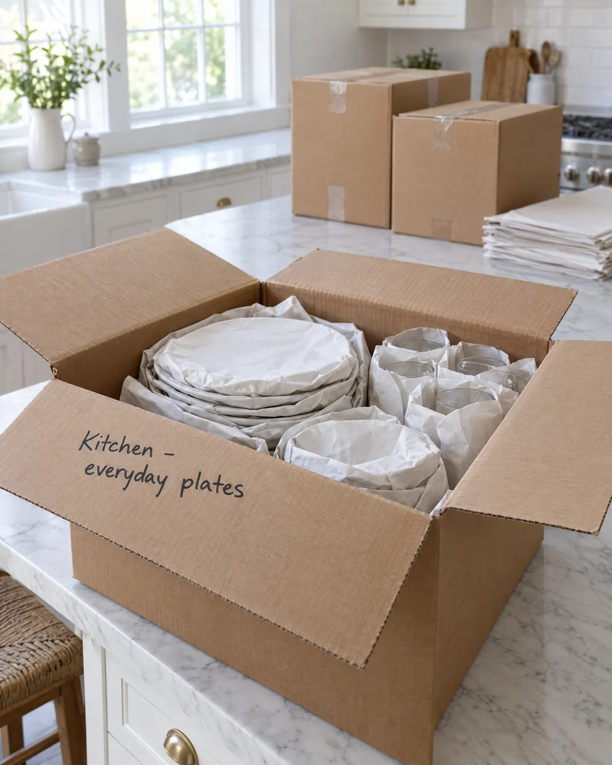 Plates wrapped in packing paper in a moving box labelled "Kitchen – everyday plates"