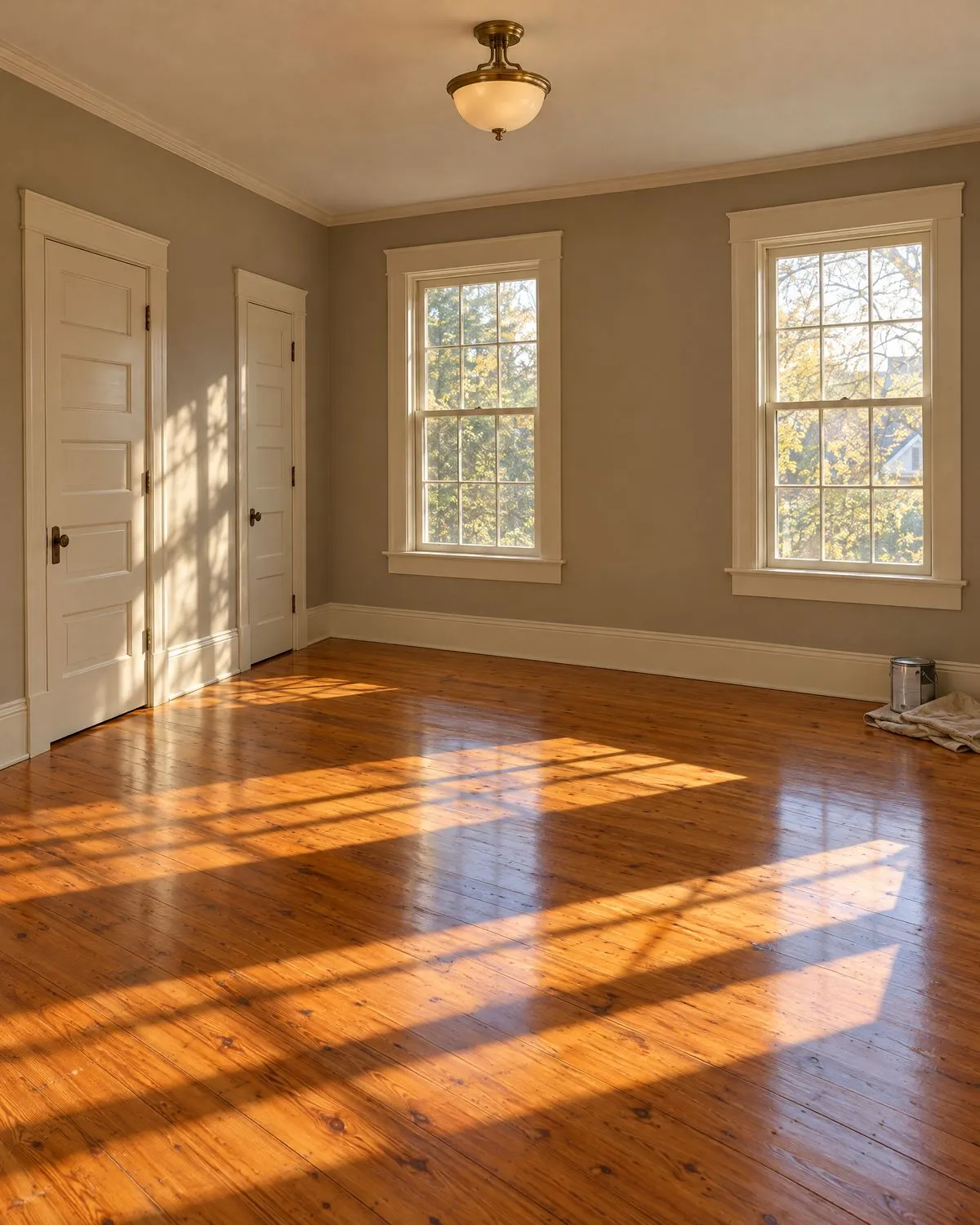 An empty, freshly painted room with polished heart pine floors, ready for its next owners