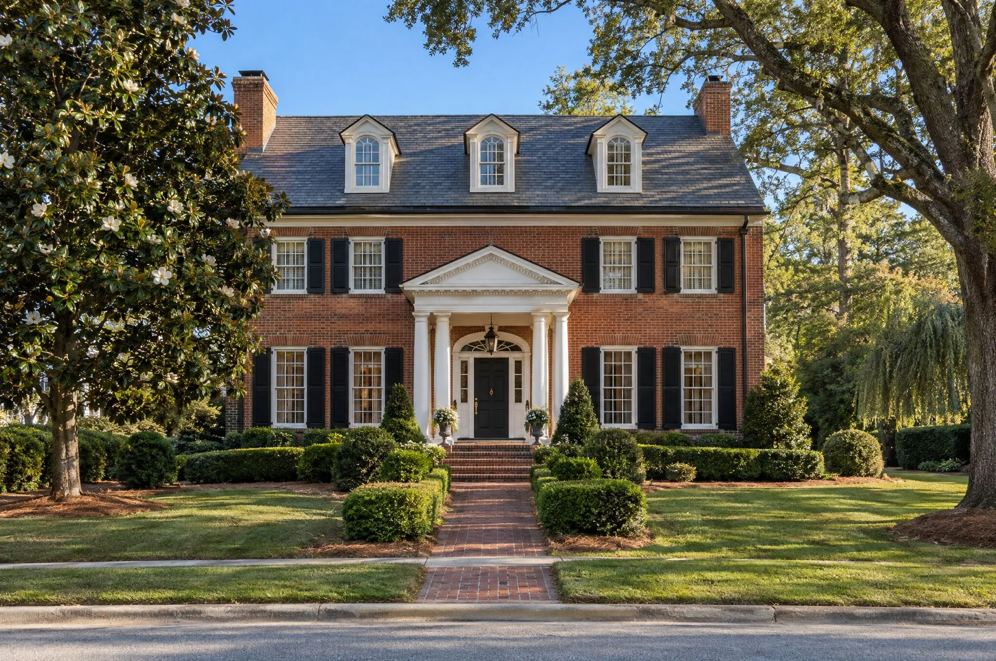 A red-brick Georgian colonial home with a white portico, magnolias and boxwood hedges