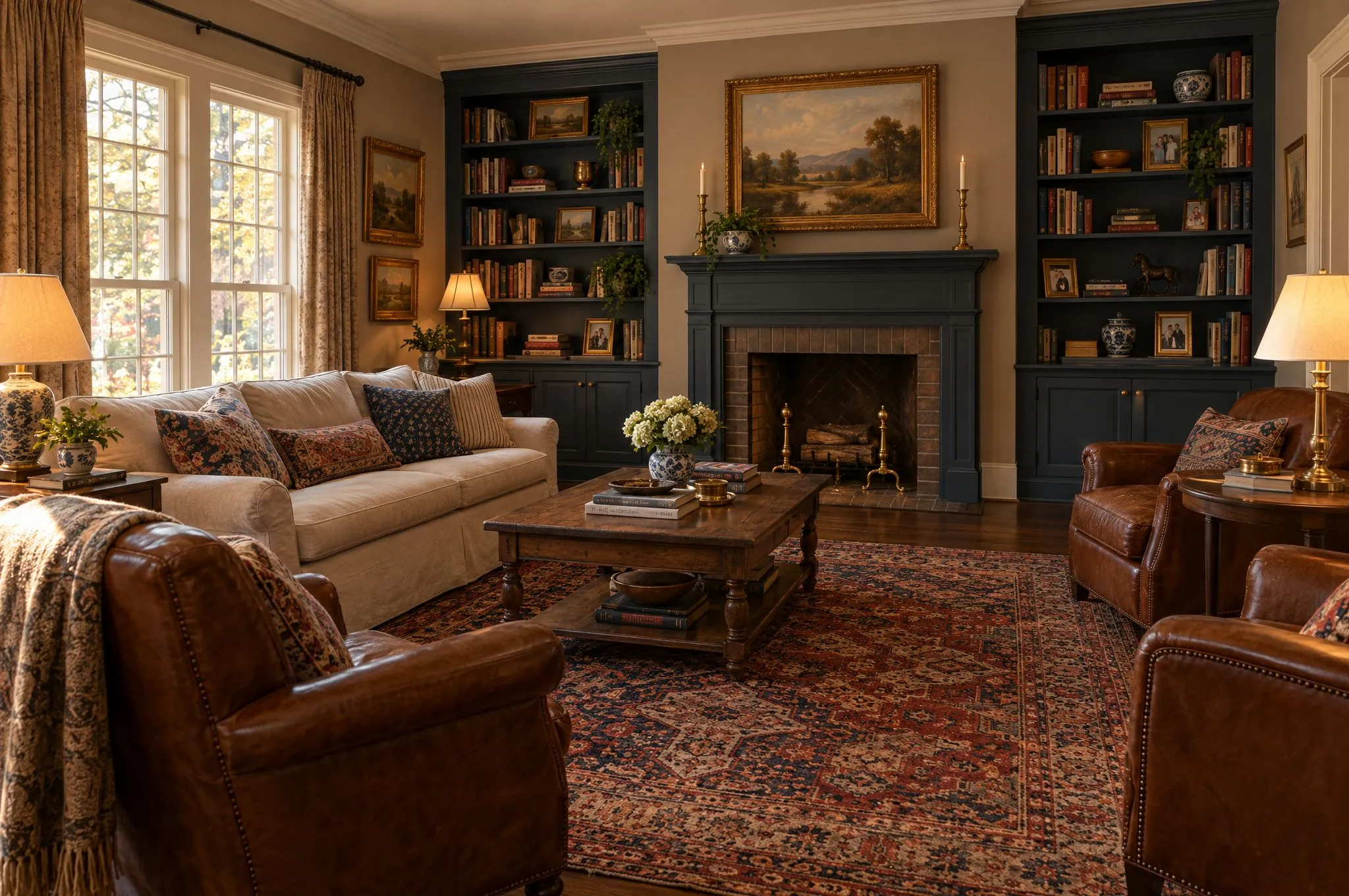 A settled family room with navy bookcases, leather armchairs, lamps lit and art hung