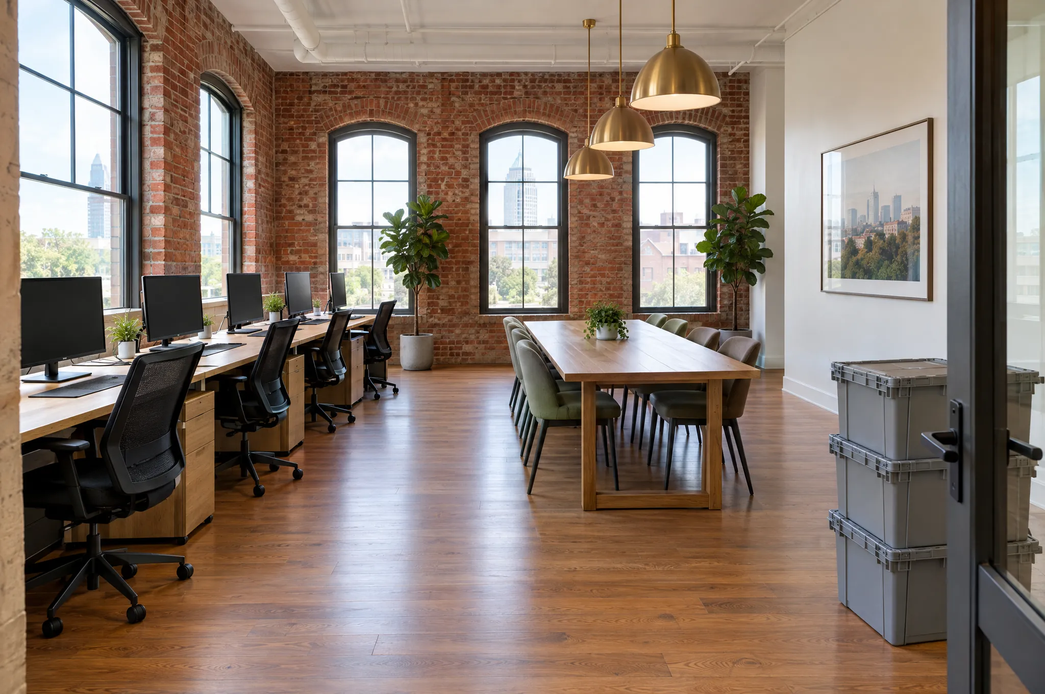 An open-plan office in a renovated brick building, desks and meeting table set up and ready for the team