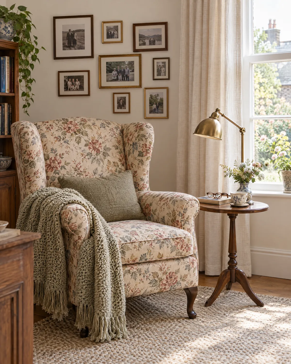 A floral wingback armchair by a sunny window, a knitted throw over its arm and family photographs hung above